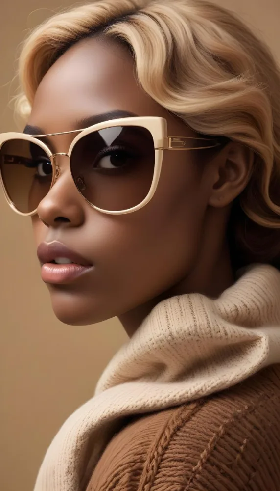 A Close Up Portrait Of A Young Woman With Dark Skin Full Lips And Large Sunglasses With A Distinctive Frame She Is Wearing A Beige Sweater And Appears To Be Looking Off To The Side 26 8e14
