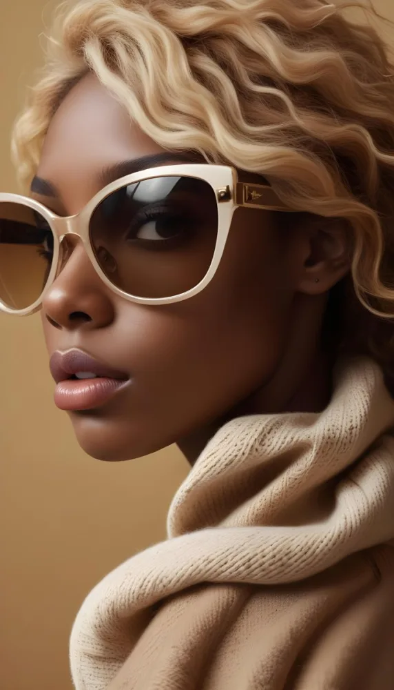 A Close Up Portrait Of A Young Woman With Dark Skin Full Lips And Large Sunglasses With A Distinctive Frame She Is Wearing A Beige Sweater And Appears To Be Looking Off To The Side 28 Bad5