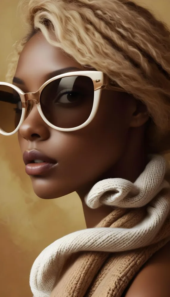 A Close Up Portrait Of A Young Woman With Dark Skin Full Lips And Large Sunglasses With A Distinctive Frame She Is Wearing A Beige Sweater And Appears To Be Looking Off To The Side 31 Cb9f