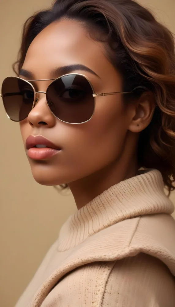 A Close Up Portrait Of A Young Woman With Dark Skin Full Lips And Large Sunglasses With A Distinctive Frame She Is Wearing A Beige Sweater And Appears To Be Looking Off To The Side 35 6419
