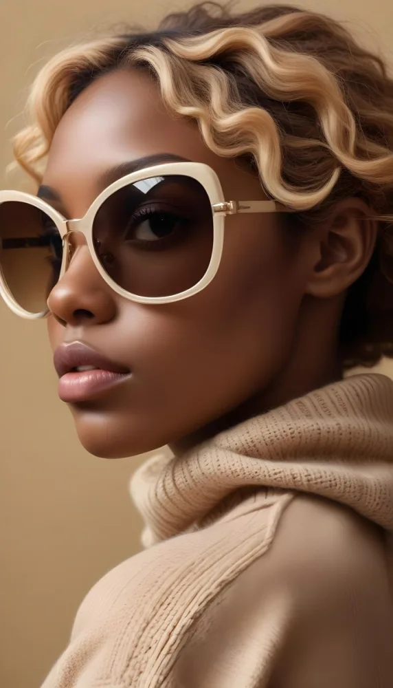 A Close Up Portrait Of A Young Woman With Dark Skin Full Lips And Large Sunglasses With A Distinctive Frame She Is Wearing A Beige Sweater And Appears To Be Looking Off To The Side 39 841d