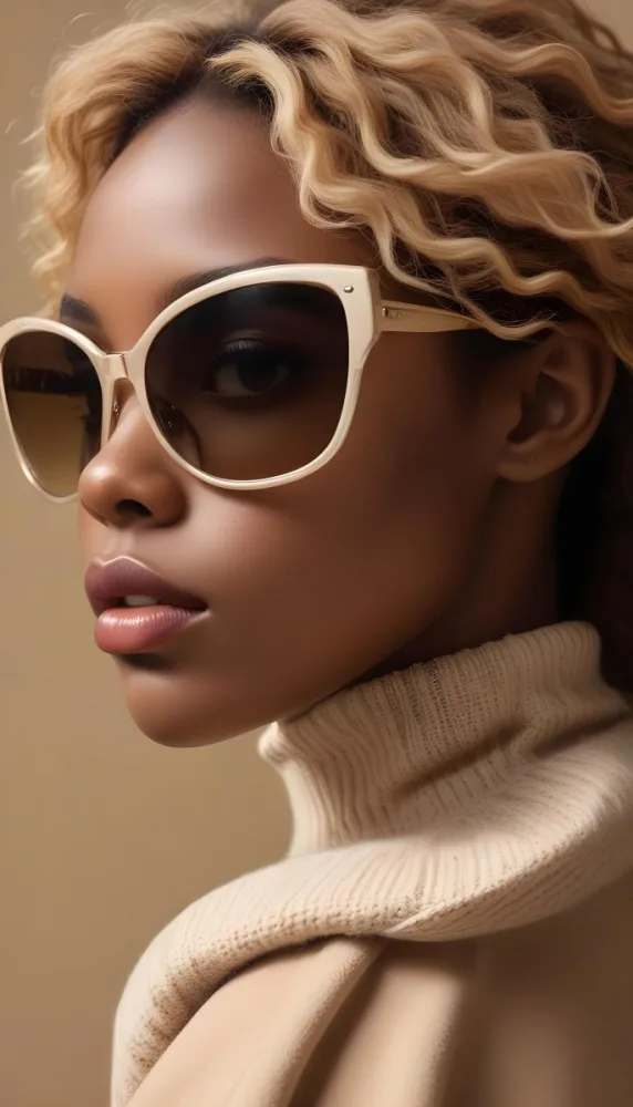 A Close Up Portrait Of A Young Woman With Dark Skin Full Lips And Large Sunglasses With A Distinctive Frame She Is Wearing A Beige Sweater And Appears To Be Looking Off To The Side 41 E63a