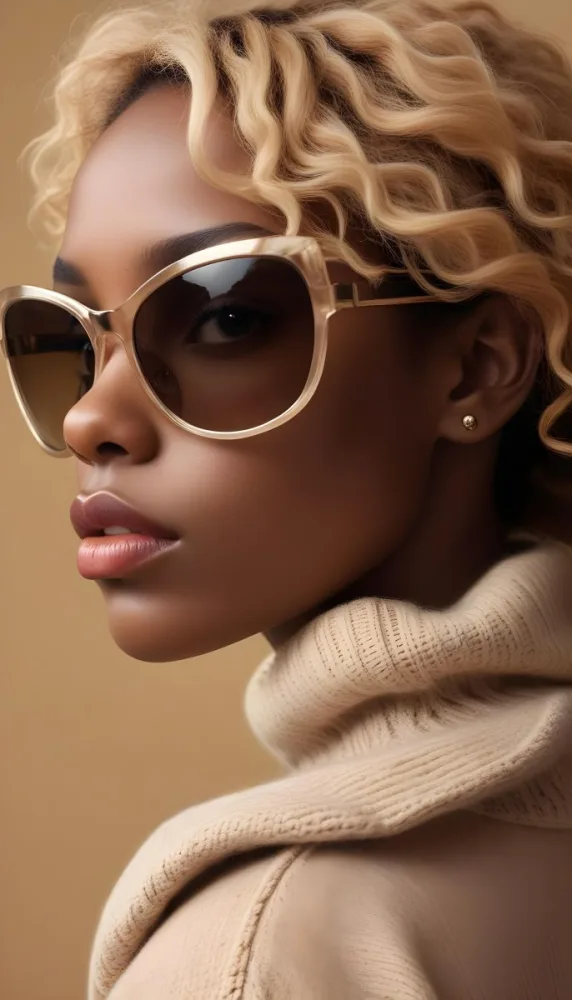 A Close Up Portrait Of A Young Woman With Dark Skin Full Lips And Large Sunglasses With A Distinctive Frame She Is Wearing A Beige Sweater And Appears To Be Looking Off To The Side 45 Ff58