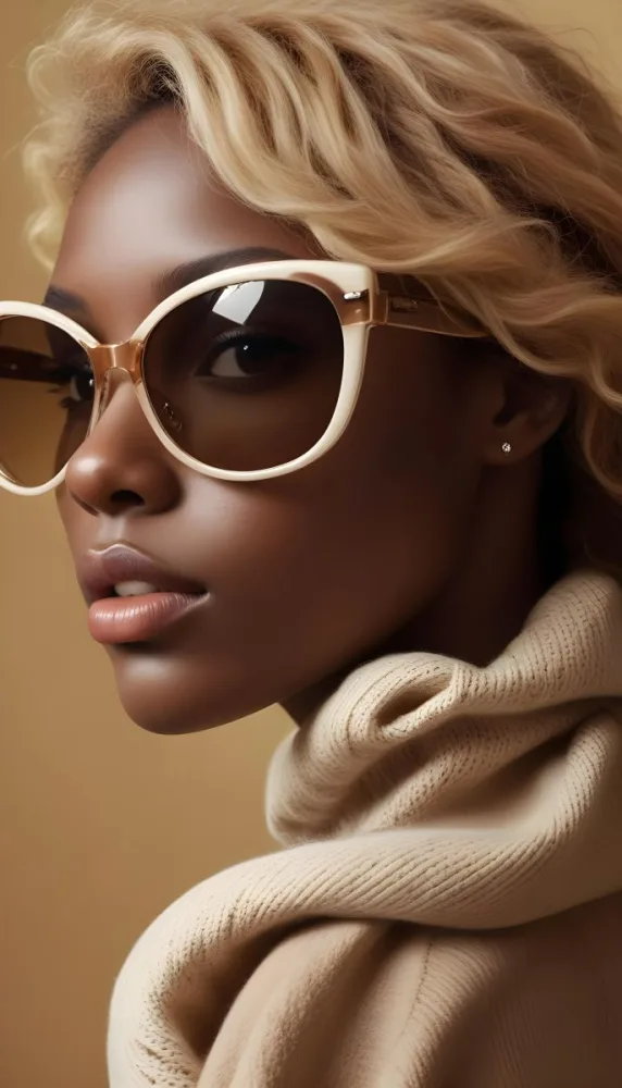 A Close Up Portrait Of A Young Woman With Dark Skin Full Lips And Large Sunglasses With A Distinctive Frame She Is Wearing A Beige Sweater And Appears To Be Looking Off To The Side 46