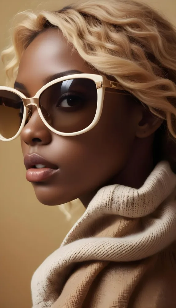 A Close Up Portrait Of A Young Woman With Dark Skin Full Lips And Large Sunglasses With A Distinctive Frame She Is Wearing A Beige Sweater And Appears To Be Looking Off To The Side 47 Fa1a