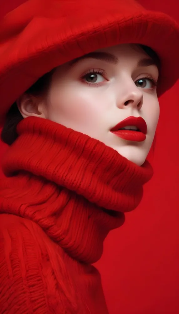 A Close Up Portrait Of A Young Woman With Pale Skin Dark Hair And Bold Red Lips Wearing A Bright Red Turtleneck Sweater Against A Red Background 1