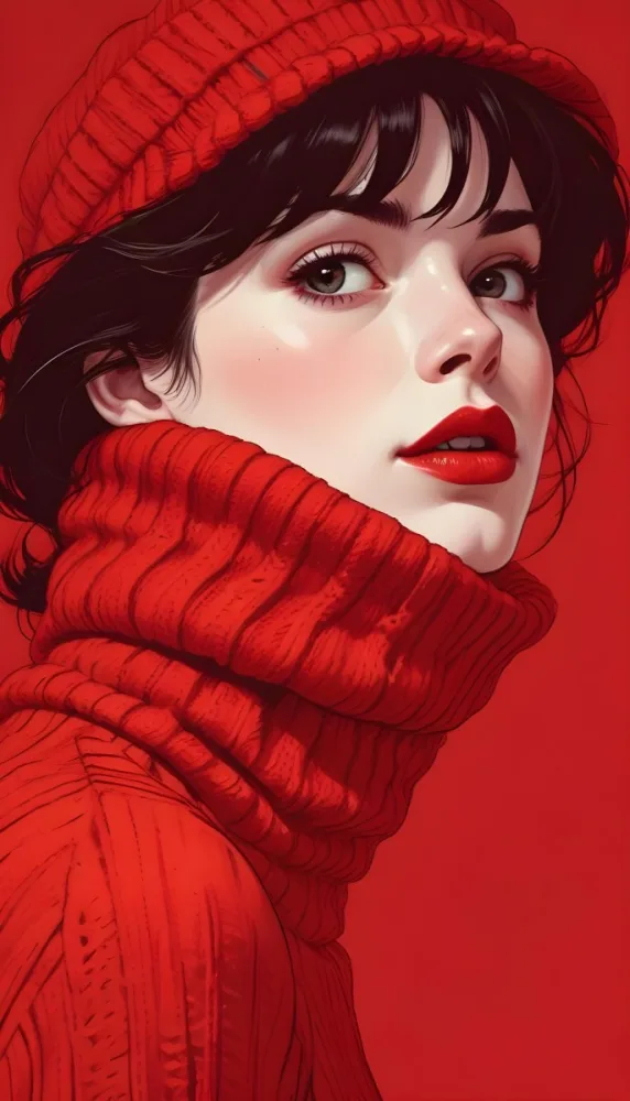 A Close Up Portrait Of A Young Woman With Pale Skin Dark Hair And Bold Red Lips Wearing A Bright Red Turtleneck Sweater Against A Red Background 11 C94f
