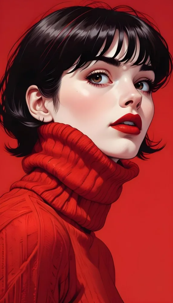 A Close Up Portrait Of A Young Woman With Pale Skin Dark Hair And Bold Red Lips Wearing A Bright Red Turtleneck Sweater Against A Red Background 12 23ad
