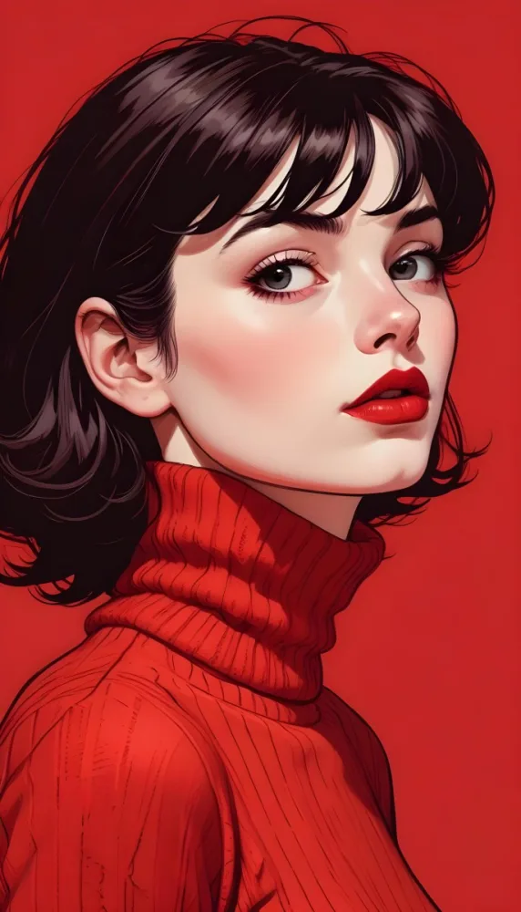A Close Up Portrait Of A Young Woman With Pale Skin Dark Hair And Bold Red Lips Wearing A Bright Red Turtleneck Sweater Against A Red Background 15 4df9