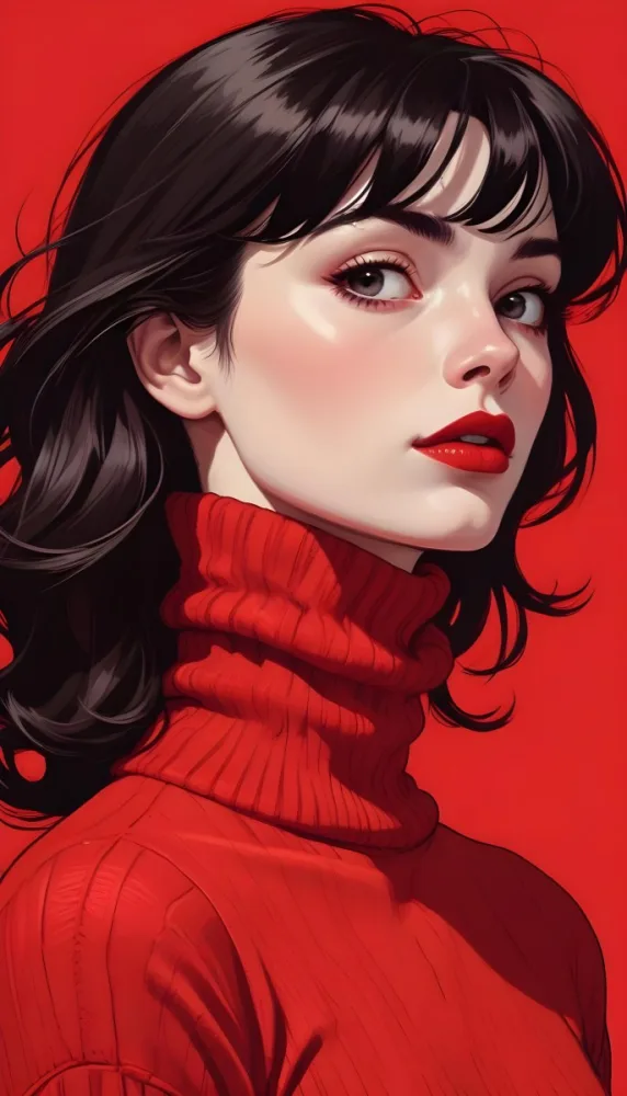 A Close Up Portrait Of A Young Woman With Pale Skin Dark Hair And Bold Red Lips Wearing A Bright Red Turtleneck Sweater Against A Red Background 16 9b8d