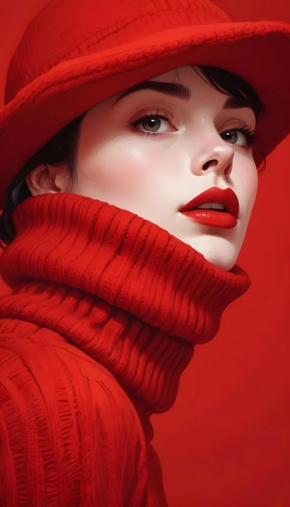 A Close Up Portrait Of A Young Woman With Pale Skin Dark Hair And Bold Red Lips Wearing A Bright Red Turtleneck Sweater Against A Red Background 18 27cb
