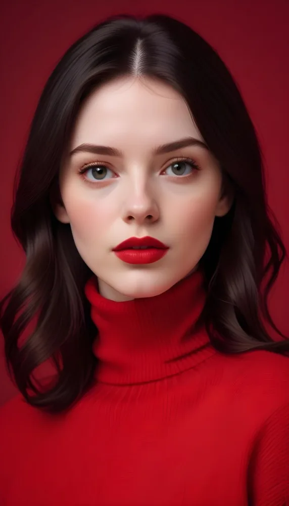 A Close Up Portrait Of A Young Woman With Pale Skin Dark Hair And Bold Red Lips Wearing A Bright Red Turtleneck Sweater Against A Red Background 2 4f88