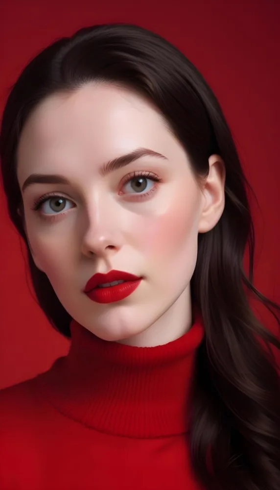 A Close Up Portrait Of A Young Woman With Pale Skin Dark Hair And Bold Red Lips Wearing A Bright Red Turtleneck Sweater Against A Red Background 20 817d