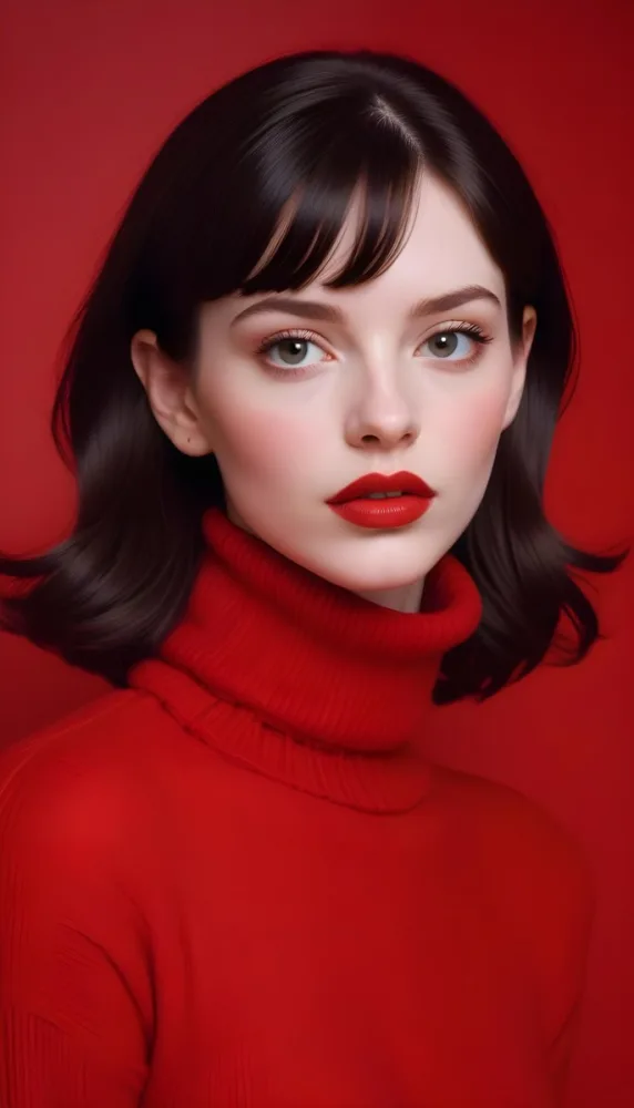 A Close Up Portrait Of A Young Woman With Pale Skin Dark Hair And Bold Red Lips Wearing A Bright Red Turtleneck Sweater Against A Red Background 21 Edb4