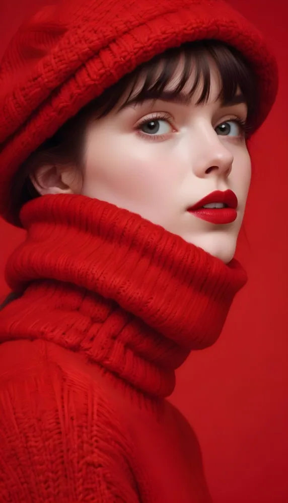 A Close Up Portrait Of A Young Woman With Pale Skin Dark Hair And Bold Red Lips Wearing A Bright Red Turtleneck Sweater Against A Red Background 23 30d6