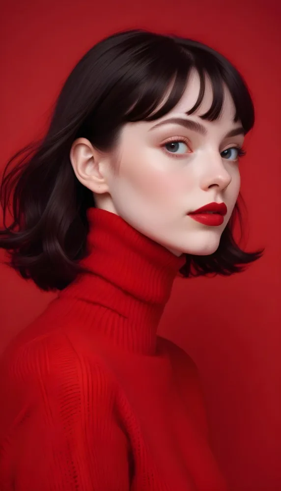 A Close Up Portrait Of A Young Woman With Pale Skin Dark Hair And Bold Red Lips Wearing A Bright Red Turtleneck Sweater Against A Red Background 25 0079
