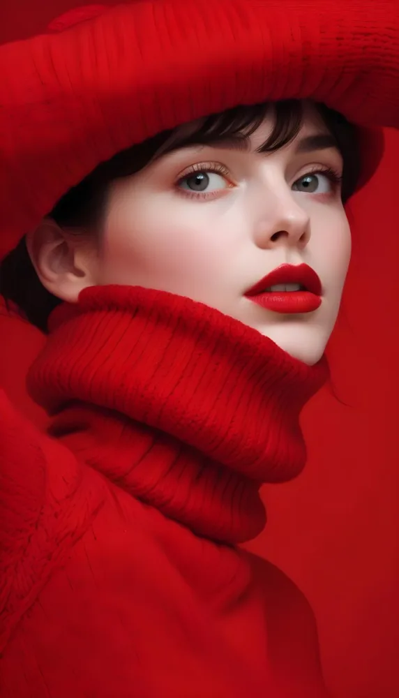 A Close Up Portrait Of A Young Woman With Pale Skin Dark Hair And Bold Red Lips Wearing A Bright Red Turtleneck Sweater Against A Red Background 29 1e72