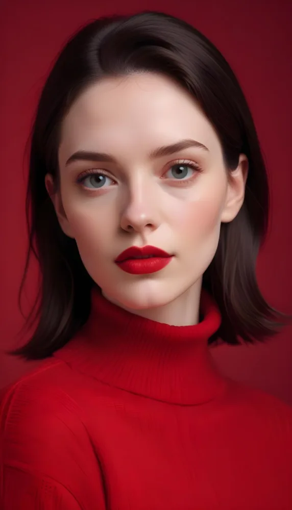 A Close Up Portrait Of A Young Woman With Pale Skin Dark Hair And Bold Red Lips Wearing A Bright Red Turtleneck Sweater Against A Red Background 3