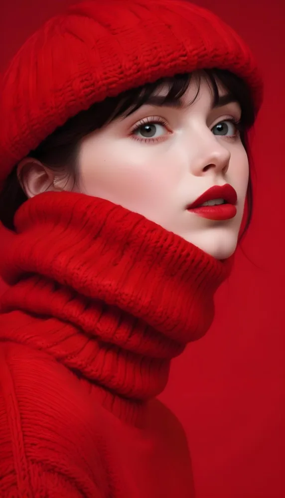 A Close Up Portrait Of A Young Woman With Pale Skin Dark Hair And Bold Red Lips Wearing A Bright Red Turtleneck Sweater Against A Red Background 30 9fb2