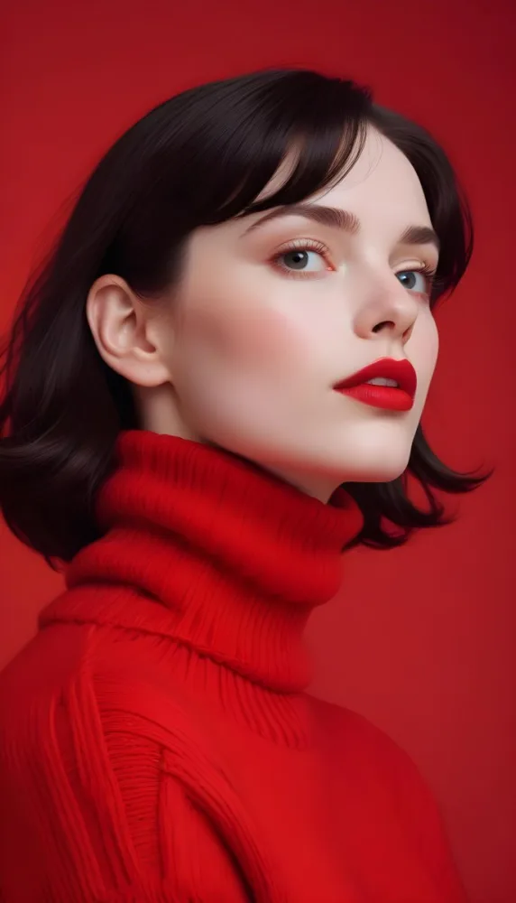 A Close Up Portrait Of A Young Woman With Pale Skin Dark Hair And Bold Red Lips Wearing A Bright Red Turtleneck Sweater Against A Red Background 31 6120