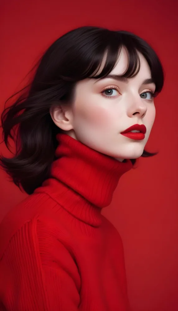 A Close Up Portrait Of A Young Woman With Pale Skin Dark Hair And Bold Red Lips Wearing A Bright Red Turtleneck Sweater Against A Red Background 34 D1bb