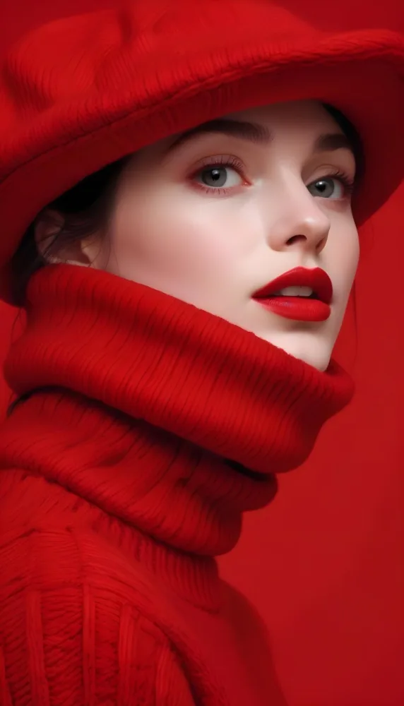A Close Up Portrait Of A Young Woman With Pale Skin Dark Hair And Bold Red Lips Wearing A Bright Red Turtleneck Sweater Against A Red Background 35