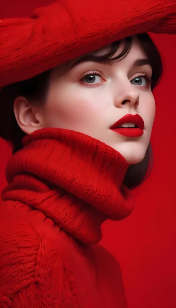 A Close Up Portrait Of A Young Woman With Pale Skin Dark Hair And Bold Red Lips Wearing A Bright Red Turtleneck Sweater Against A Red Background 36 B3ad