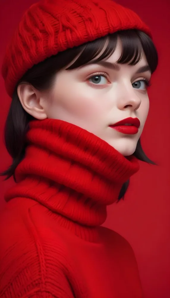 A Close Up Portrait Of A Young Woman With Pale Skin Dark Hair And Bold Red Lips Wearing A Bright Red Turtleneck Sweater Against A Red Background 37