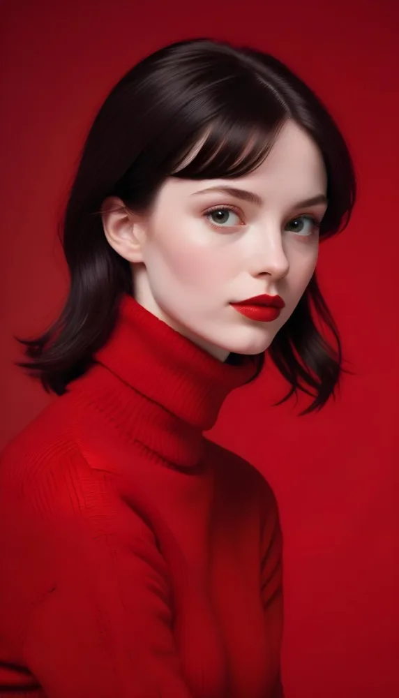 A Close Up Portrait Of A Young Woman With Pale Skin Dark Hair And Bold Red Lips Wearing A Bright Red Turtleneck Sweater Against A Red Background 38 589e