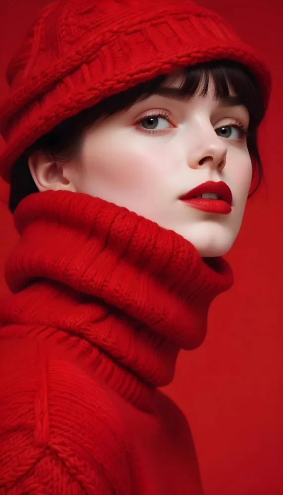 A Close Up Portrait Of A Young Woman With Pale Skin Dark Hair And Bold Red Lips Wearing A Bright Red Turtleneck Sweater Against A Red Background 39 8a25