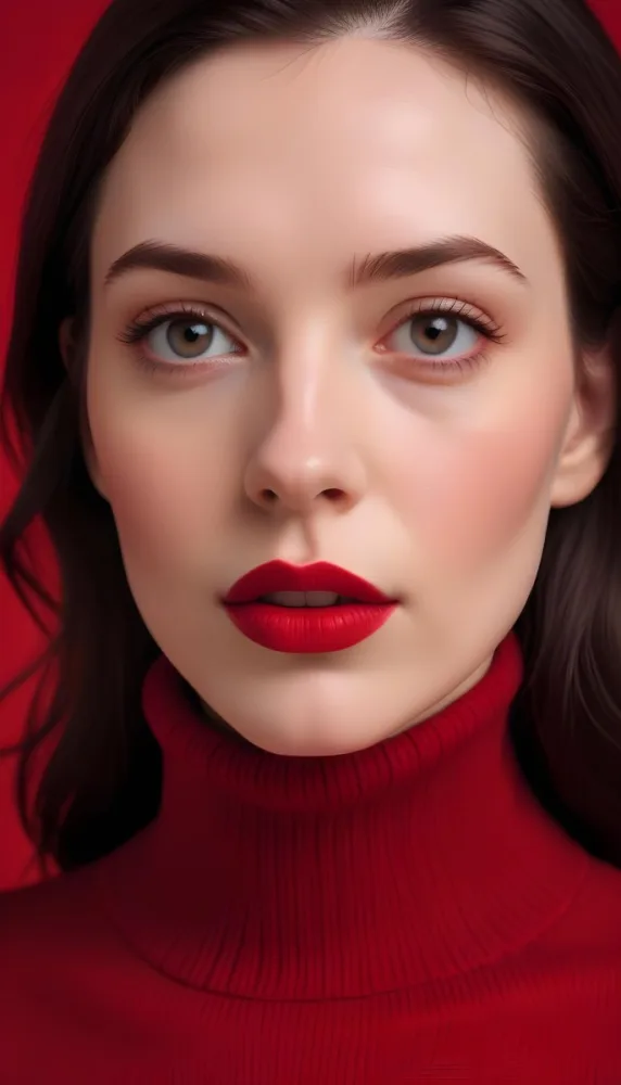 A Close Up Portrait Of A Young Woman With Pale Skin Dark Hair And Bold Red Lips Wearing A Bright Red Turtleneck Sweater Against A Red Background 4