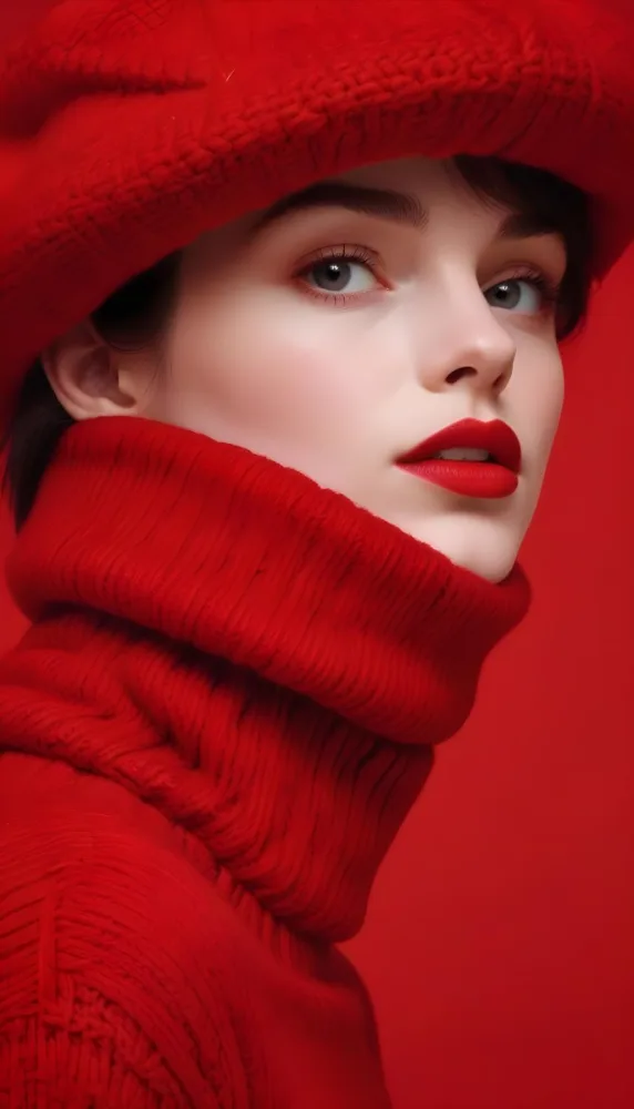 A Close Up Portrait Of A Young Woman With Pale Skin Dark Hair And Bold Red Lips Wearing A Bright Red Turtleneck Sweater Against A Red Background 41 511a