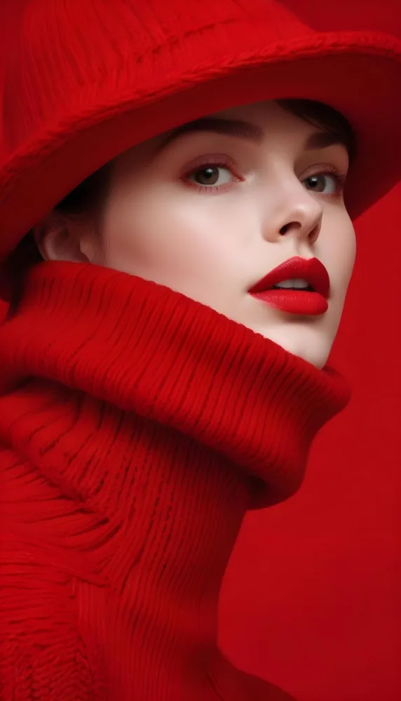 A Close Up Portrait Of A Young Woman With Pale Skin Dark Hair And Bold Red Lips Wearing A Bright Red Turtleneck Sweater Against A Red Background 8 1799