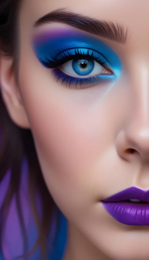 A Close Up Portrait Of A Young Woman With Striking Blue Eyes Dark Eyebrows And Vibrant Blue And Purple Eyeshadow The Background Is Blurred Putting The Focus On The Woman 1 Ff99