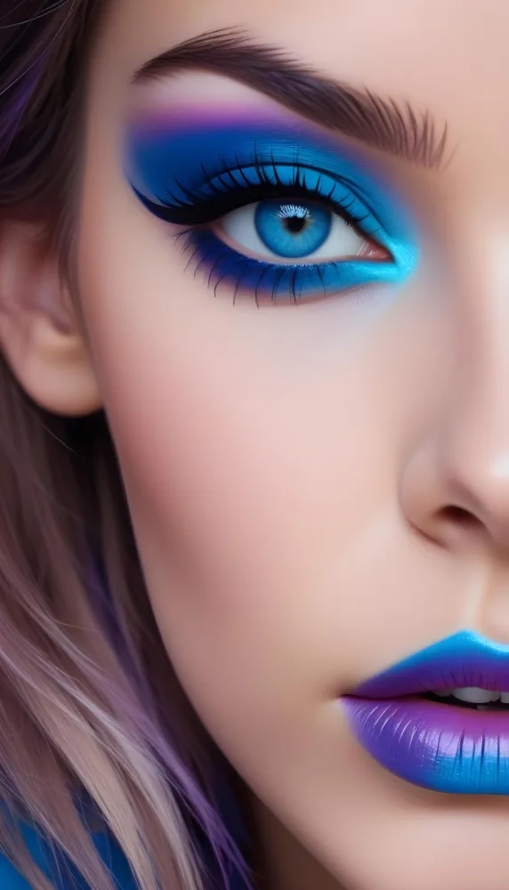 A Close Up Portrait Of A Young Woman With Striking Blue Eyes Dark Eyebrows And Vibrant Blue And Purple Eyeshadow The Background Is Blurred Putting The Focus On The Woman 10 A634