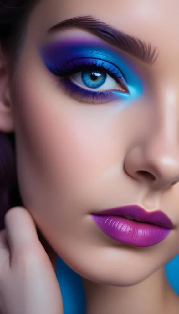 A Close Up Portrait Of A Young Woman With Striking Blue Eyes Dark Eyebrows And Vibrant Blue And Purple Eyeshadow The Background Is Blurred Putting The Focus On The Woman 12 9fd1