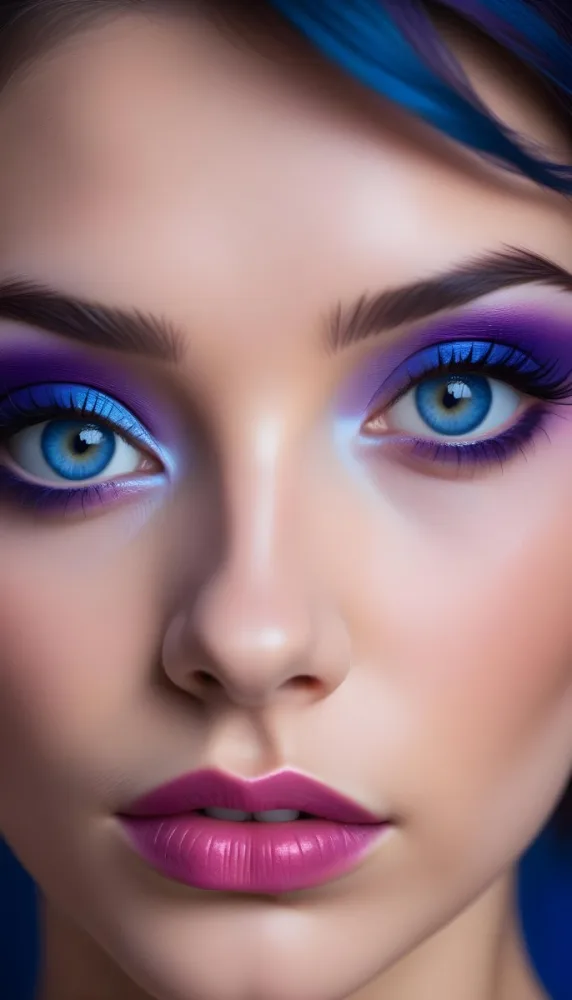 A Close Up Portrait Of A Young Woman With Striking Blue Eyes Dark Eyebrows And Vibrant Blue And Purple Eyeshadow The Background Is Blurred Putting The Focus On The Woman 17 Aa23