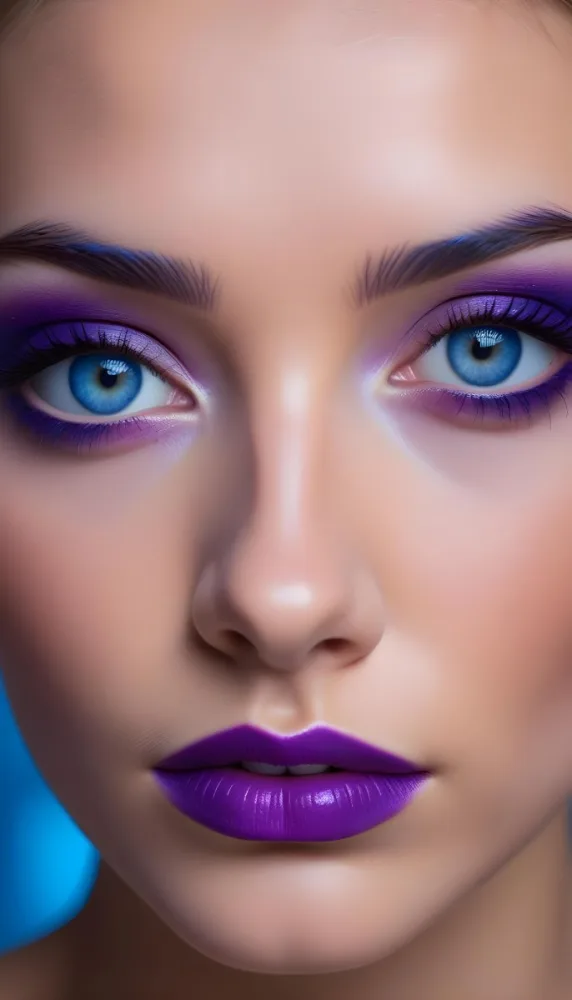 A Close Up Portrait Of A Young Woman With Striking Blue Eyes Dark Eyebrows And Vibrant Blue And Purple Eyeshadow The Background Is Blurred Putting The Focus On The Woman 2 5d66