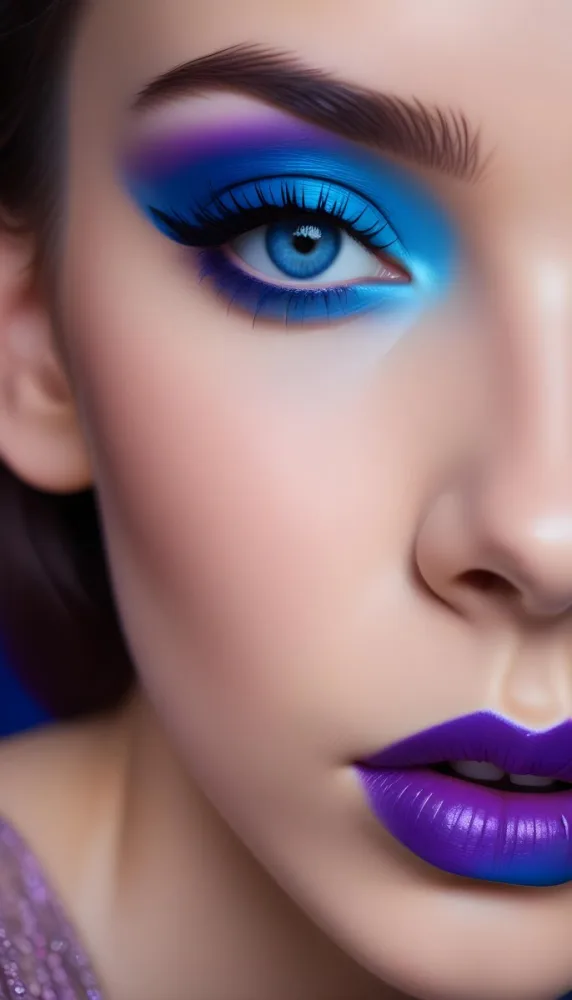 A Close Up Portrait Of A Young Woman With Striking Blue Eyes Dark Eyebrows And Vibrant Blue And Purple Eyeshadow The Background Is Blurred Putting The Focus On The Woman 3