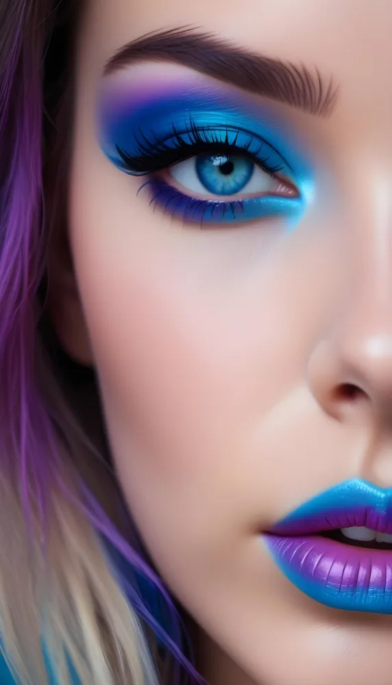 A Close Up Portrait Of A Young Woman With Striking Blue Eyes Dark Eyebrows And Vibrant Blue And Purple Eyeshadow The Background Is Blurred Putting The Focus On The Woman 5 Da1b
