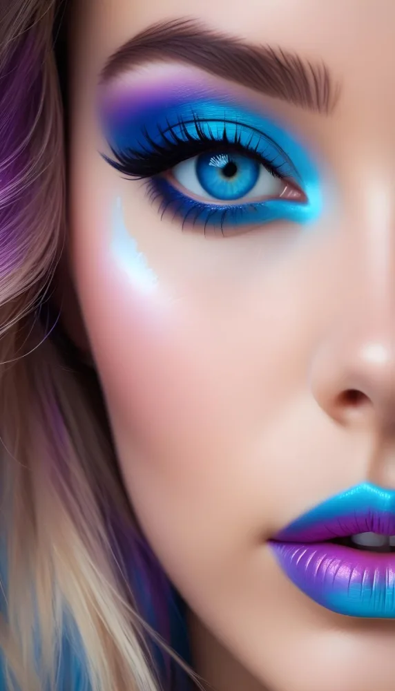 A Close Up Portrait Of A Young Woman With Striking Blue Eyes Dark Eyebrows And Vibrant Blue And Purple Eyeshadow The Background Is Blurred Putting The Focus On The Woman 6 7421