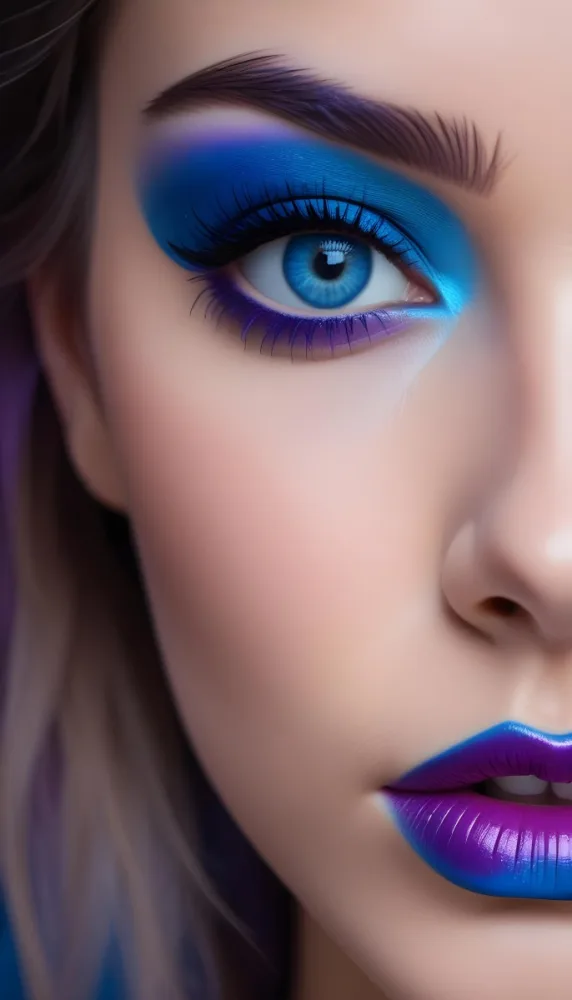 A Close Up Portrait Of A Young Woman With Striking Blue Eyes Dark Eyebrows And Vibrant Blue And Purple Eyeshadow The Background Is Blurred Putting The Focus On The Woman 7 7cce