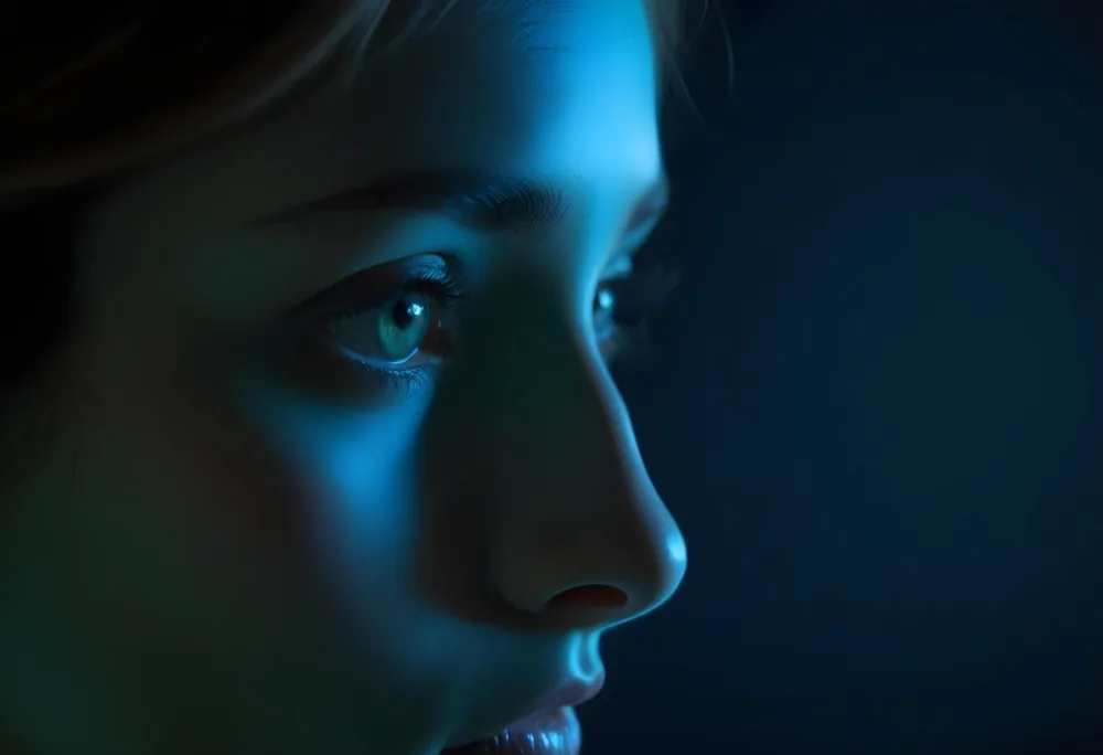 A Close Up Profile Of A Young Female With Fair Skin And Light Green Eyes The Lighting Is Predominantly Blue Highlighting The Contours Of Her Face And Creating A Dramatic Effect Against A Dark Background 15 78b8