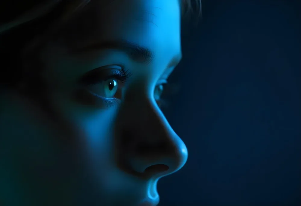 A Close Up Profile Of A Young Female With Fair Skin And Light Green Eyes The Lighting Is Predominantly Blue Highlighting The Contours Of Her Face And Creating A Dramatic Effect Against A Dark Background 16 01d9