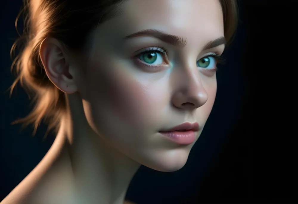 A Close Up Profile Of A Young Female With Fair Skin And Light Green Eyes The Lighting Is Predominantly Blue Highlighting The Contours Of Her Face And Creating A Dramatic Effect Against A Dark Background 19 Bdb9