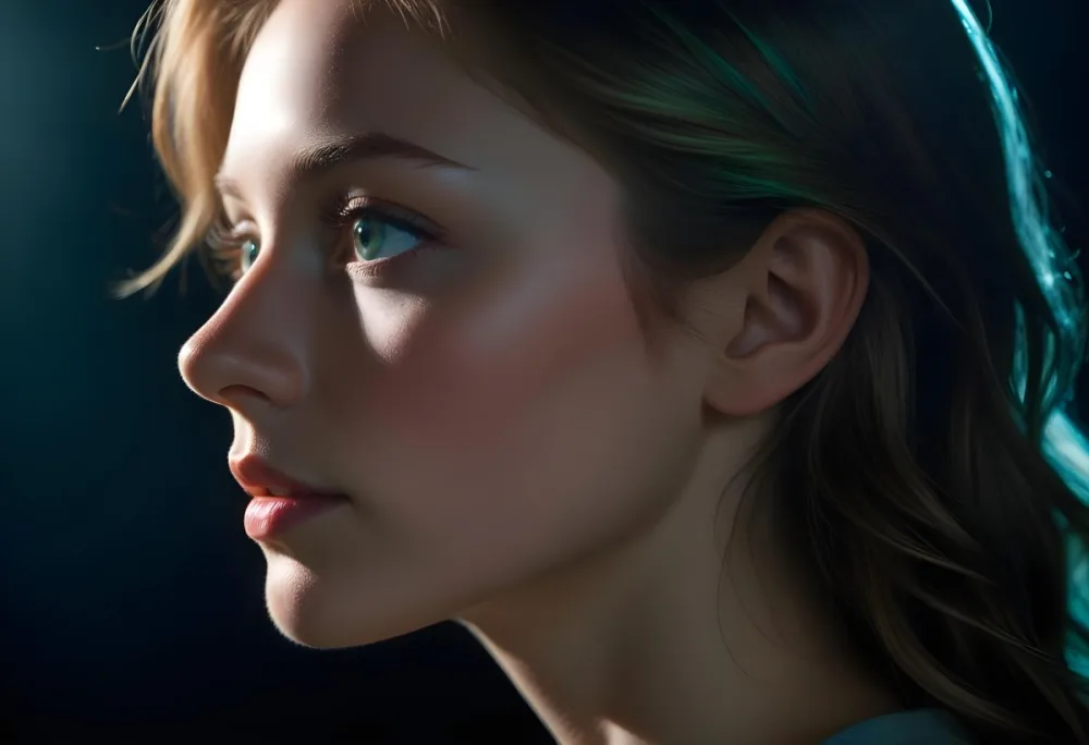 A Close Up Profile Of A Young Female With Fair Skin And Light Green Eyes The Lighting Is Predominantly Blue Highlighting The Contours Of Her Face And Creating A Dramatic Effect Against A Dark Background 31 A058