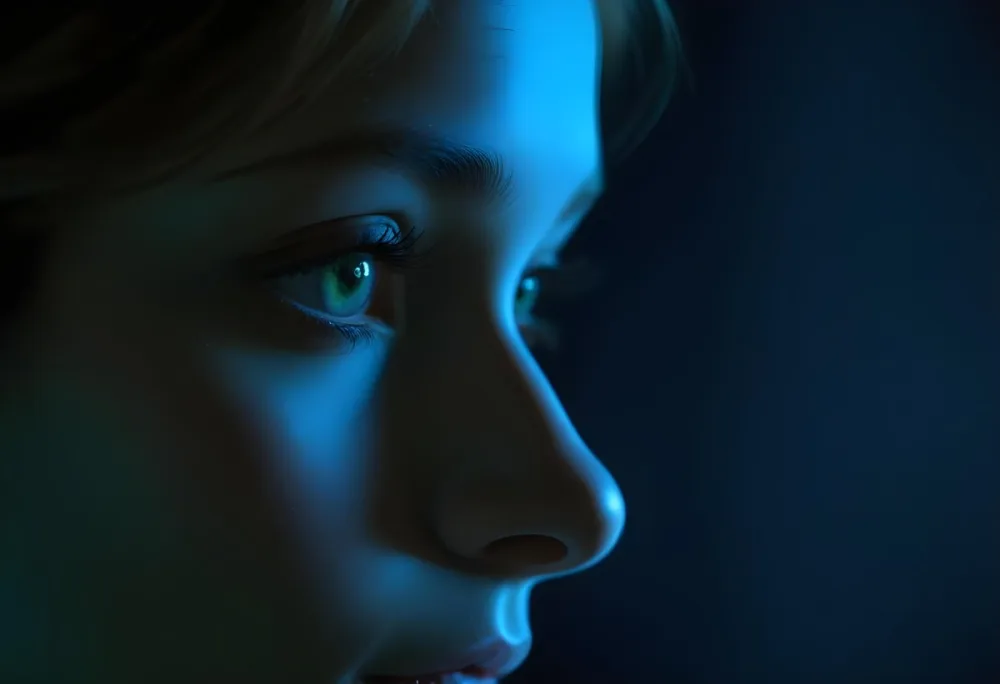 A Close Up Profile Of A Young Female With Fair Skin And Light Green Eyes The Lighting Is Predominantly Blue Highlighting The Contours Of Her Face And Creating A Dramatic Effect Against A Dark Background 38 362f
