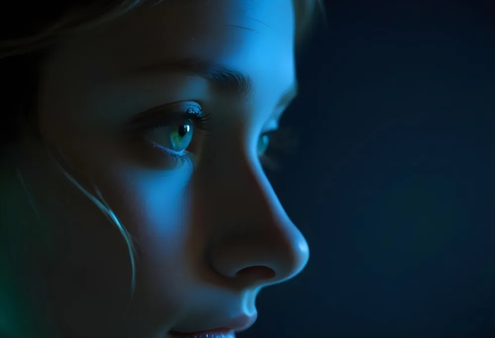 A Close Up Profile Of A Young Female With Fair Skin And Light Green Eyes The Lighting Is Predominantly Blue Highlighting The Contours Of Her Face And Creating A Dramatic Effect Against A Dark Background 46 9d33