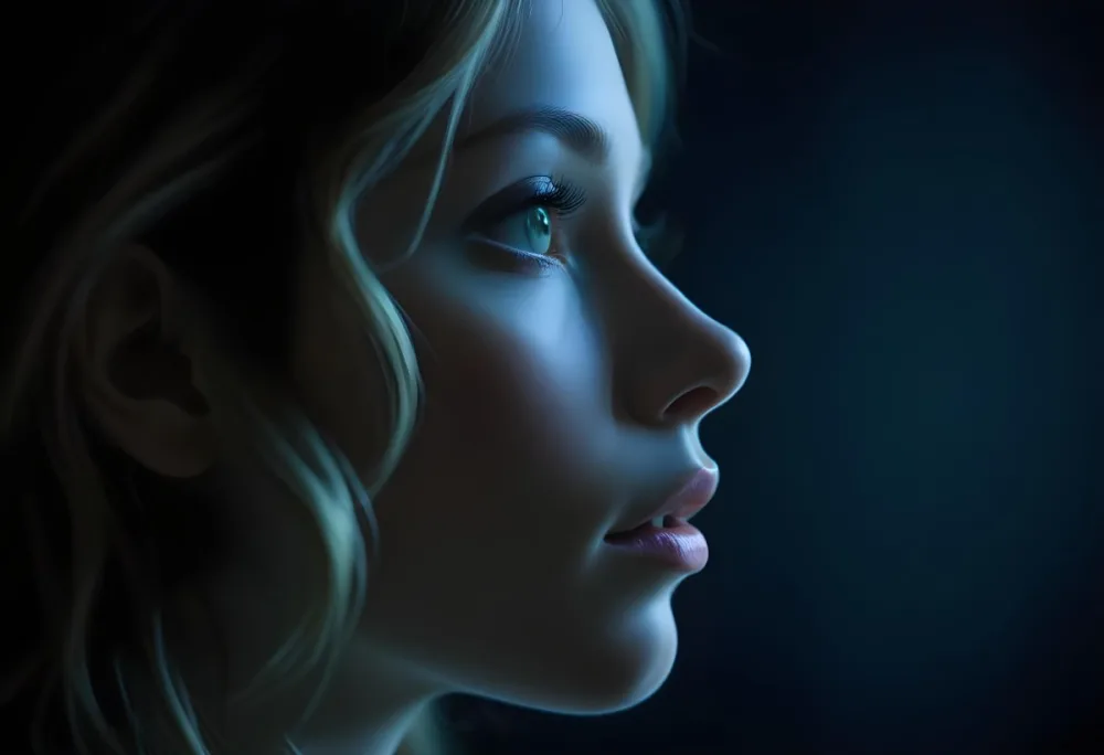 A Close Up Profile Of A Young Female With Fair Skin And Light Green Eyes The Lighting Is Predominantly Blue Highlighting The Contours Of Her Face And Creating A Dramatic Effect Against A Dark Background 52 72ff
