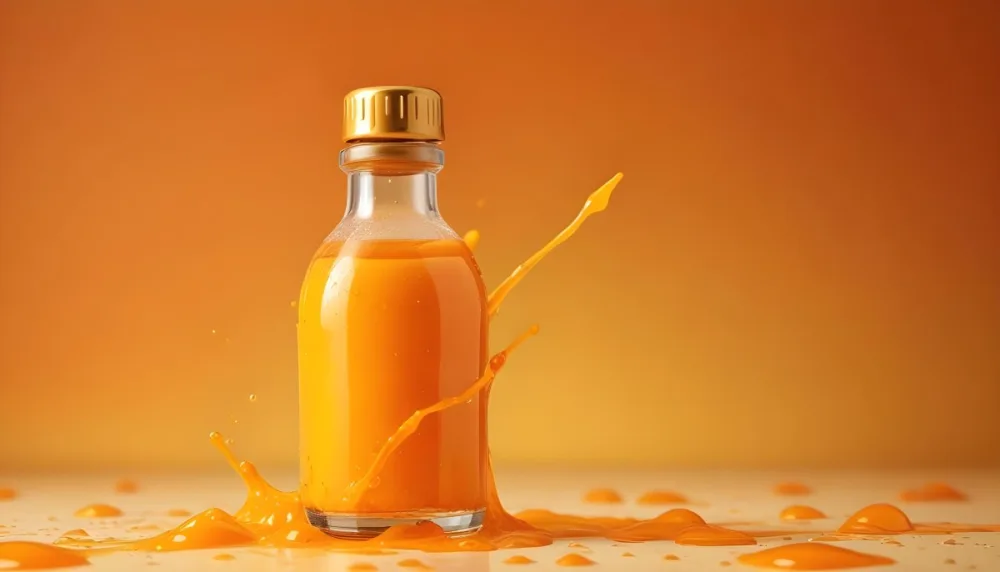A Close Up Shot Of An Orange Glass Bottle With A Gold Cap Surrounded By Orange And Yellow Splashes Of Liquid Against A Blurred Orange Background 12 398a